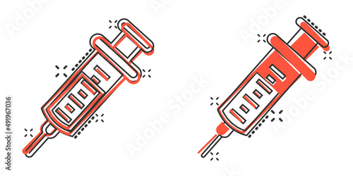 Syringe icon in comic style. Coronavirus vaccine inject cartoon vector illustration on isolated background. Covid-19 vaccination splash effect sign business concept.