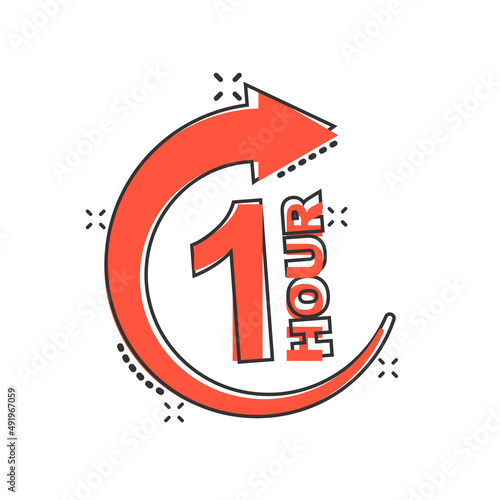 1 hour clock icon in comic style. Timer countdown cartoon vector illustration on isolated background. Time measure splash effect sign business concept.