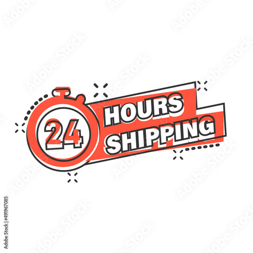 Shipping 24 hours icon in comic style. Delivery countdown cartoon vector illustration on isolated background. Quick service time splash effect sign business concept.