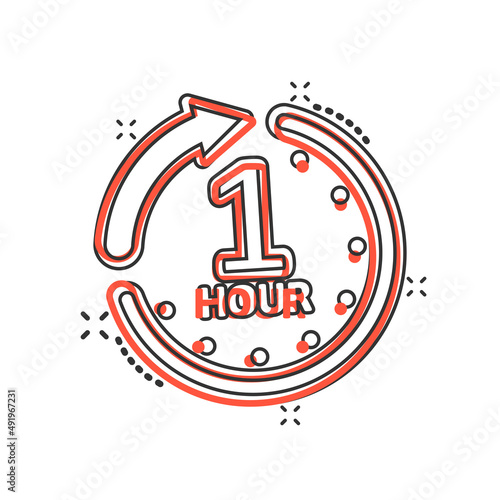 1 hour clock icon in comic style. Timer countdown cartoon vector illustration on isolated background. Time measure splash effect sign business concept.