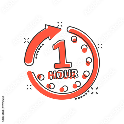 1 hour clock icon in comic style. Timer countdown cartoon vector illustration on isolated background. Time measure splash effect sign business concept.