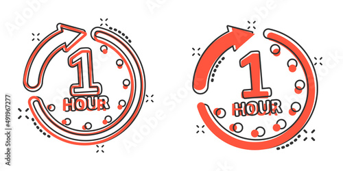1 hour clock icon in comic style. Timer countdown cartoon vector illustration on isolated background. Time measure splash effect sign business concept.