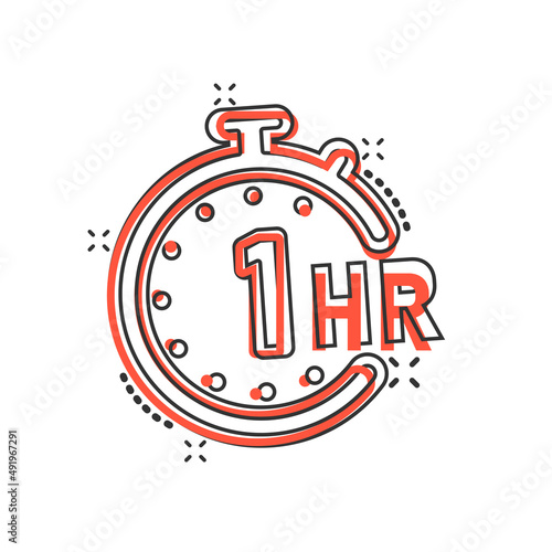 1 hour clock icon in comic style. Timer countdown cartoon vector illustration on isolated background. Time measure splash effect sign business concept.