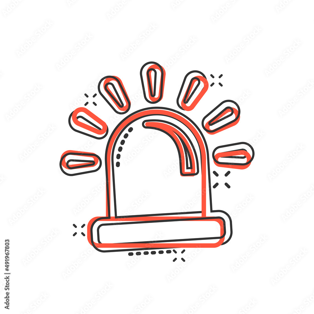 Emergency alarm icon in comic style. Alert lamp cartoon vector illustration on isolated background. Police urgency splash effect sign business concept. Emergency alarm icon in comic style. Alert lamp cartoon vector illustration on isolated background. Police urgency splash effect sign business concept.