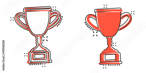 Trophy cup icon in comic style. Goblet prize cartoon vector illustration on isolated background. Award splash effect sign business concept.