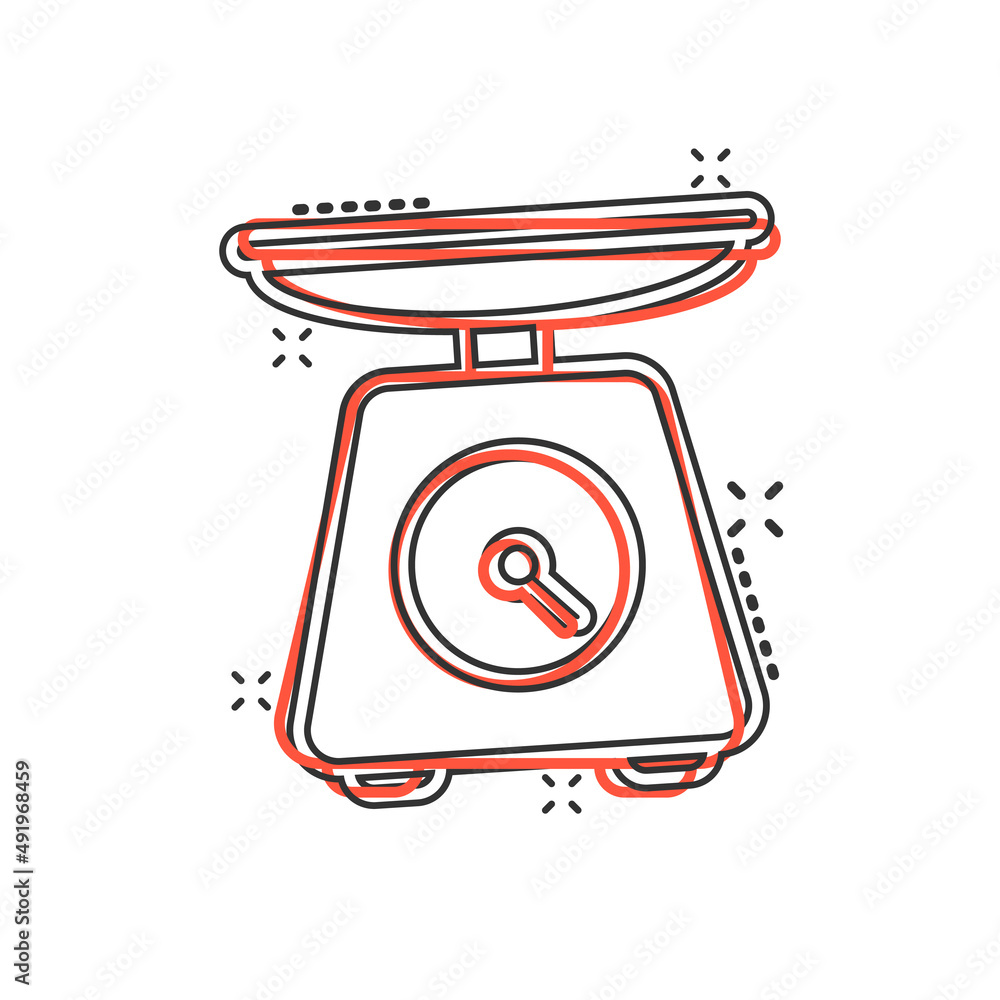 Bathroom weight scale icon in comic style. Mass measurement cartoon vector illustration on isolated background. Overweight splash effect sign business concept. Bathroom weight scale icon in comic style. Mass measurement cartoon vector illustration on isolated background. Overweight splash effect sign business concept.