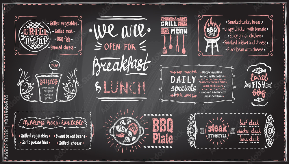 Barbecue menu chalkboard template, vector menu board with BBQ symbols and lettering, blackboard chalk grill menu - obrazy, fototapety, plakaty 