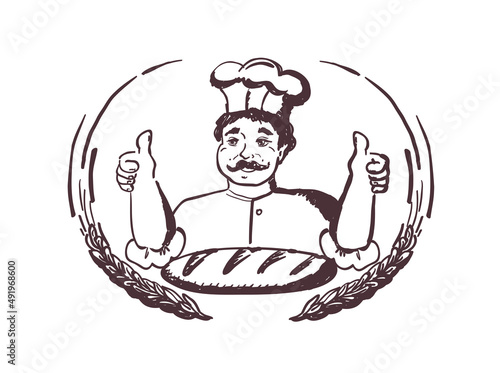 Baker portrait showing thumbs up by two hands, bakery logotype