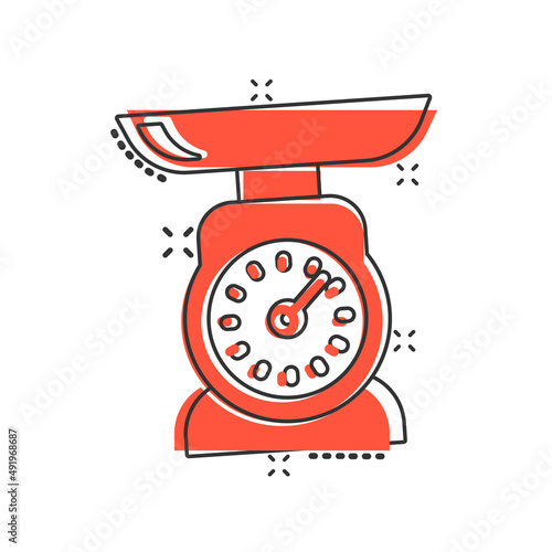 Bathroom weight scale icon in comic style. Mass measurement cartoon vector illustration on isolated background. Overweight splash effect sign business concept.