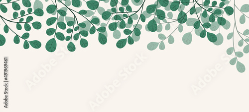 Floral web banner with drawn color exotic leaves. Nature concept design. Modern floral compositions with summer branches. Vector illustration on the theme of ecology, natura, environment