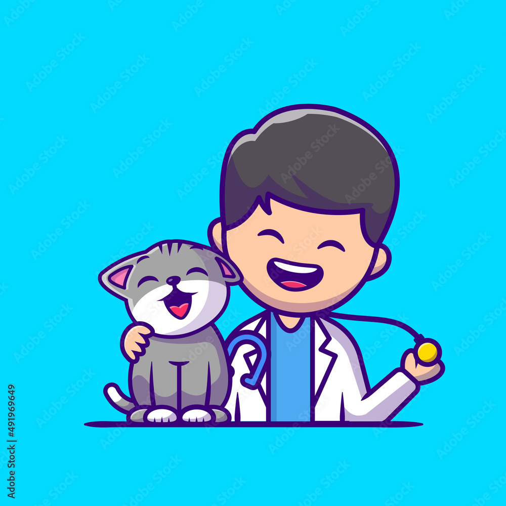 Veterinarian With Cat And Stethoscope Cartoon Vector Icon Illustration. People Profession Icon Concept Isolated Premium Vector. Flat Cartoon Style