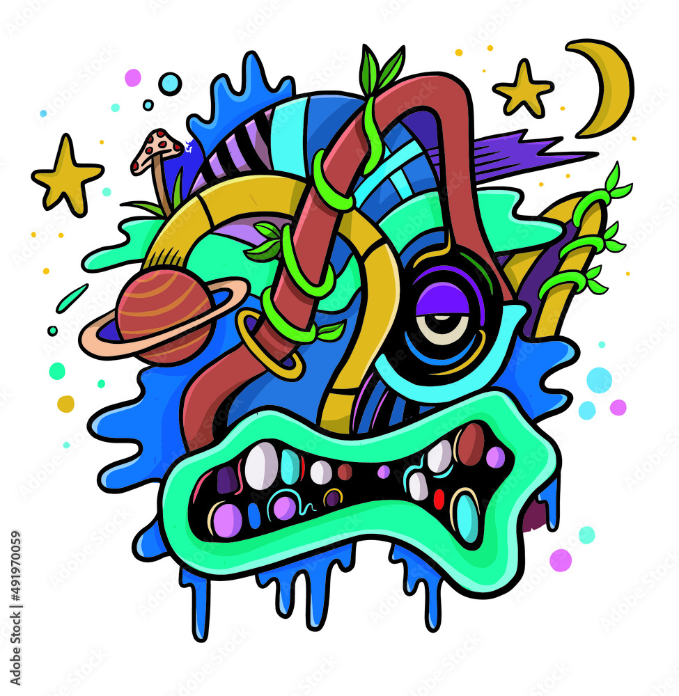 Colorful skull head abstract illustration with some stars and a sun in the background. Colorful skull head abstract illustration with some stars and a sun in the background.