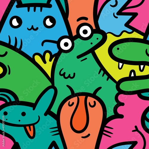 Seamless pattern with cute cartoon creatures on colorful background. Funny cartoon animals print. Doodle monster poster.
