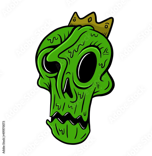 Colorful zombie skull head illustration with a crown.