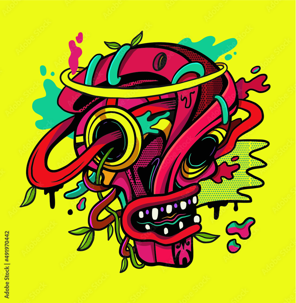 Colorful skull abstract illustration with tree roots tangled on its head