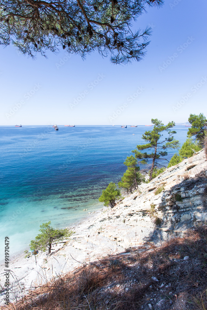 Beautiful summer landscape. View of the forest, rocks and sea coast. Hiking in scenic areas, the road to the wild beach. The resort town of Gelendzhik. Russia, Black sea coast