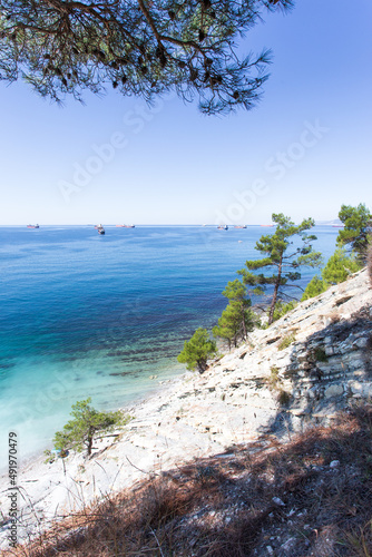 Beautiful summer landscape. View of the forest, rocks and sea coast. Hiking in scenic areas, the road to the wild beach. The resort town of Gelendzhik. Russia, Black sea coast © яна винникова