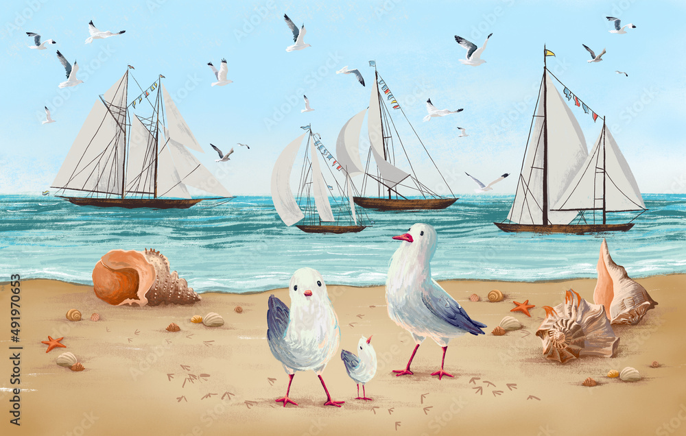Baby bright colorful background with sea, sky, beach, sailboats, seagulls,  shells. Drawn children's book illustration. Design for card, postcard,  wallpaper, photo wallpaper, mural. Stock Illustration | Adobe Stock