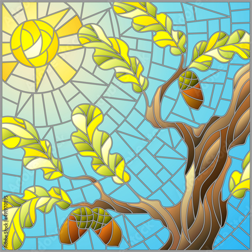 An illustration in the style of stained glass with autumn oak branches on a background of blue sky and sun, rectangular image