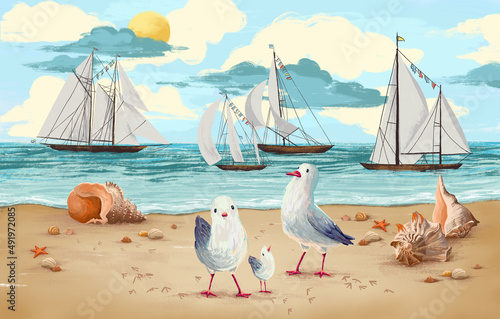 Baby bright colorful background with sea, sky, beach, sailboats, seagulls, shells. Drawn children's book illustration. Design for card, postcard, wallpaper, photo wallpaper, mural. 
