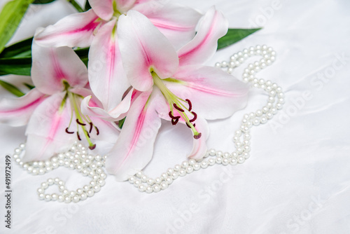 The branch of white lilys on white fabric background 