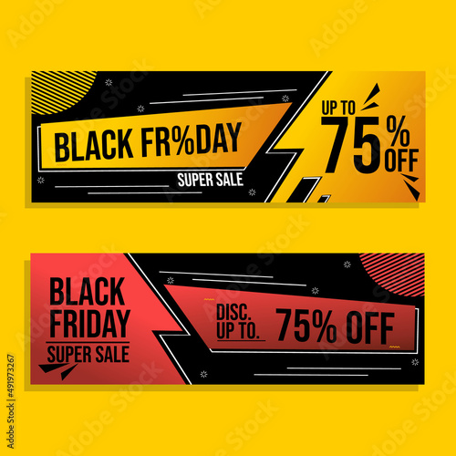 set of black friday advertising banners with memphis design on yellow and black background. suitable for discount clothing or food products
