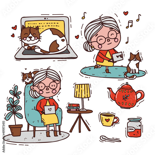 cute illustration of old woman with cat. vector doodle illustration