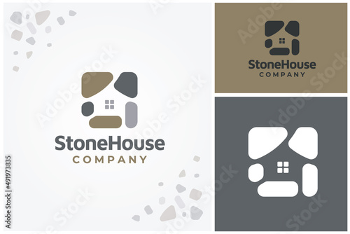 Rock Gravel Pebble House with windows for Natural Stone Rural Home logo design