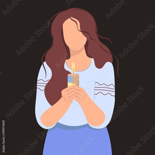 Ukrainian girl with a candle in her hands. Sad woman mourns. Concept of grief, pain, loss, death for banner or landing page design. Flat isolated vector design. Dark background. Stop the war.