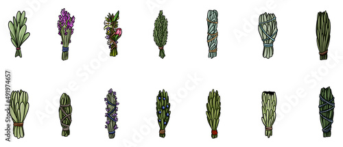 Set of sage and herbs sage smudge sticks bundles. Vector stock hand-drawn set of isolated doodles on white background. Collection of bundles. Sage, rosemary, lavender, cedar, juniper, mugwort