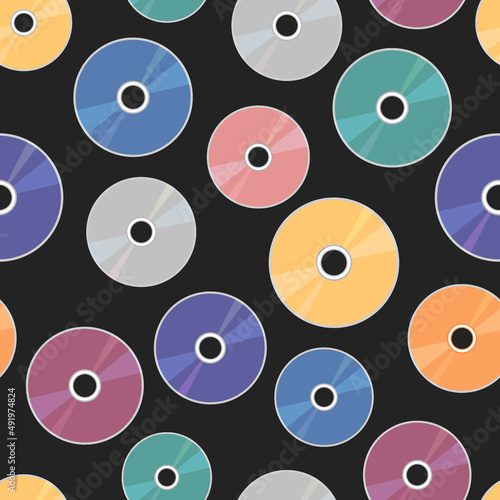 CD pattern. Retro 90s and 2000s seamless background with CD DVD discs. Mp3 music, films, data. Vector colorful flat illustration for 00s designs photo