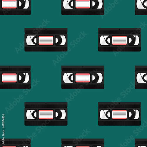 90s VHS pattern. Retro seamless background with video tapes. VHS cassettes isolated. Vector flat illustration for designs, backdrop, textile, fabric
