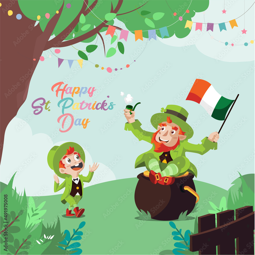 Fototapeta premium Happy St. Patrick's Day. Cute Cartoon Leprechaun and Child with Gold and Irish Flag Flat Illustration