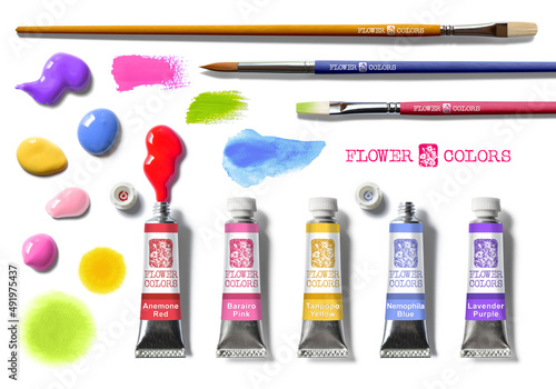 Obraz na płótnie フラワーカラーの絵の具と筆のセット、チューブから出たカラフルカラー
