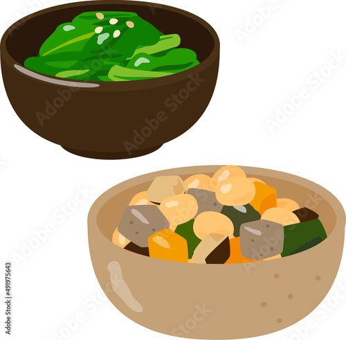 五目豆とおひたしの小鉢、常備菜