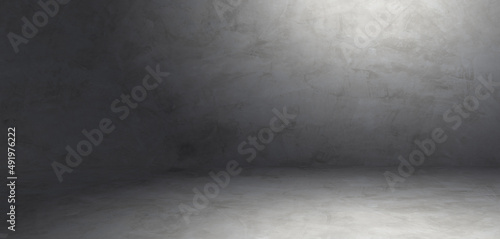 Fototapeta Naklejka Na Ścianę i Meble -  Dark cement wall room studio background rough floor with soft light well editing montage display products and text present on empty free space backdrop