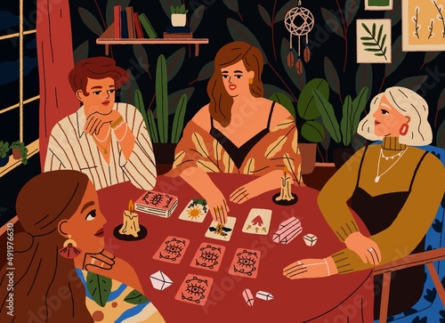 Women spreading tarot cards at table. Fortune teller reading and telling future. Soothsayer forecasting destiny, fate. Taro divination and prediction. Esoteric occult seance. Flat vector illustration