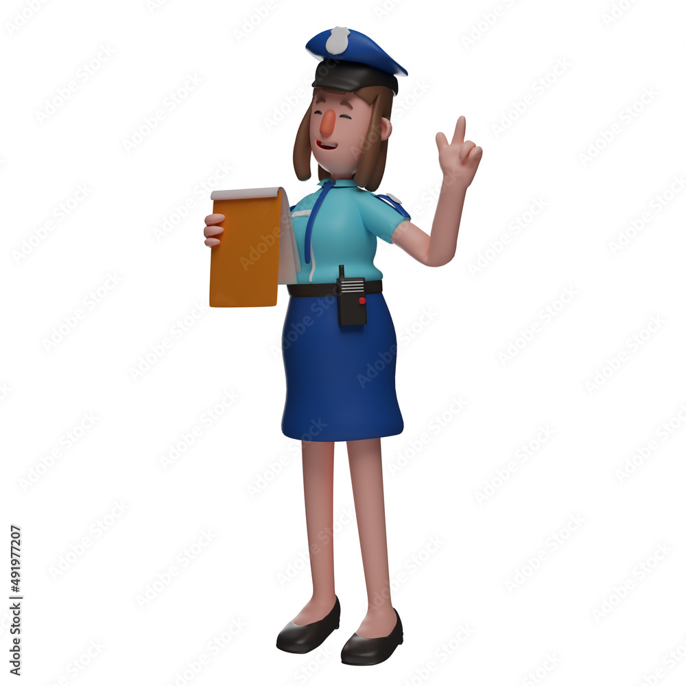 Happy Face Police Woman 3D Cartoon Design holding a notebook Happy Face Police Woman 3D Cartoon Design holding a notebook