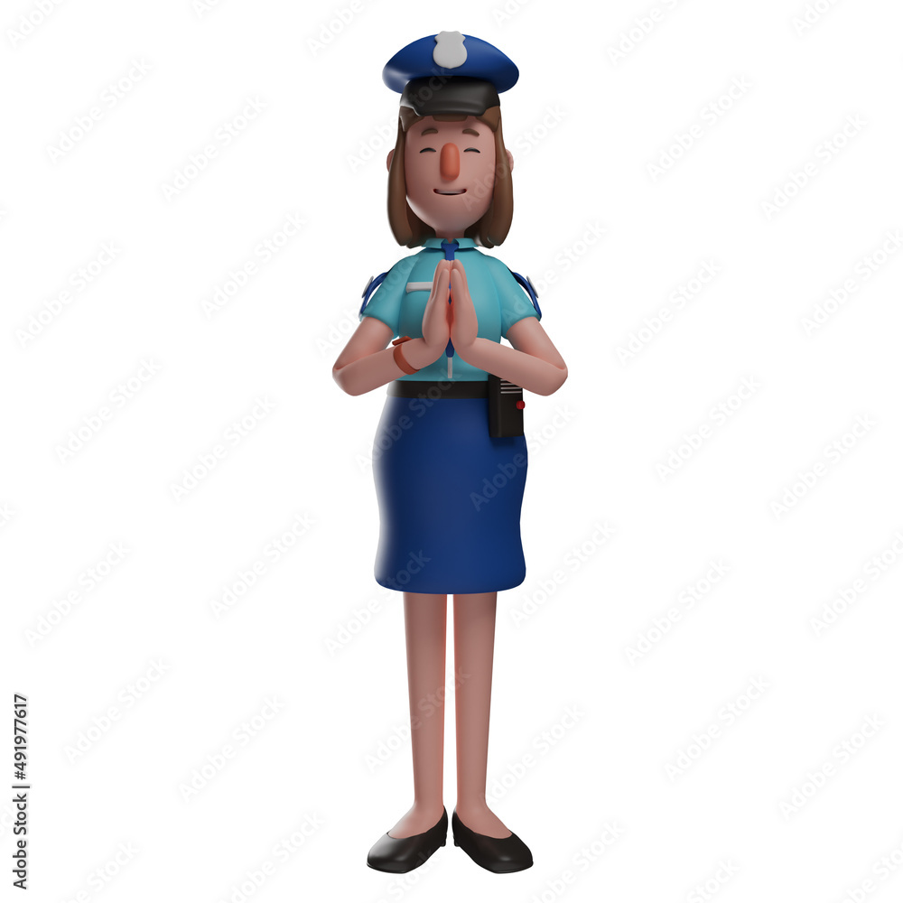 3D Police Woman Cartoon Illustration cupping her hands