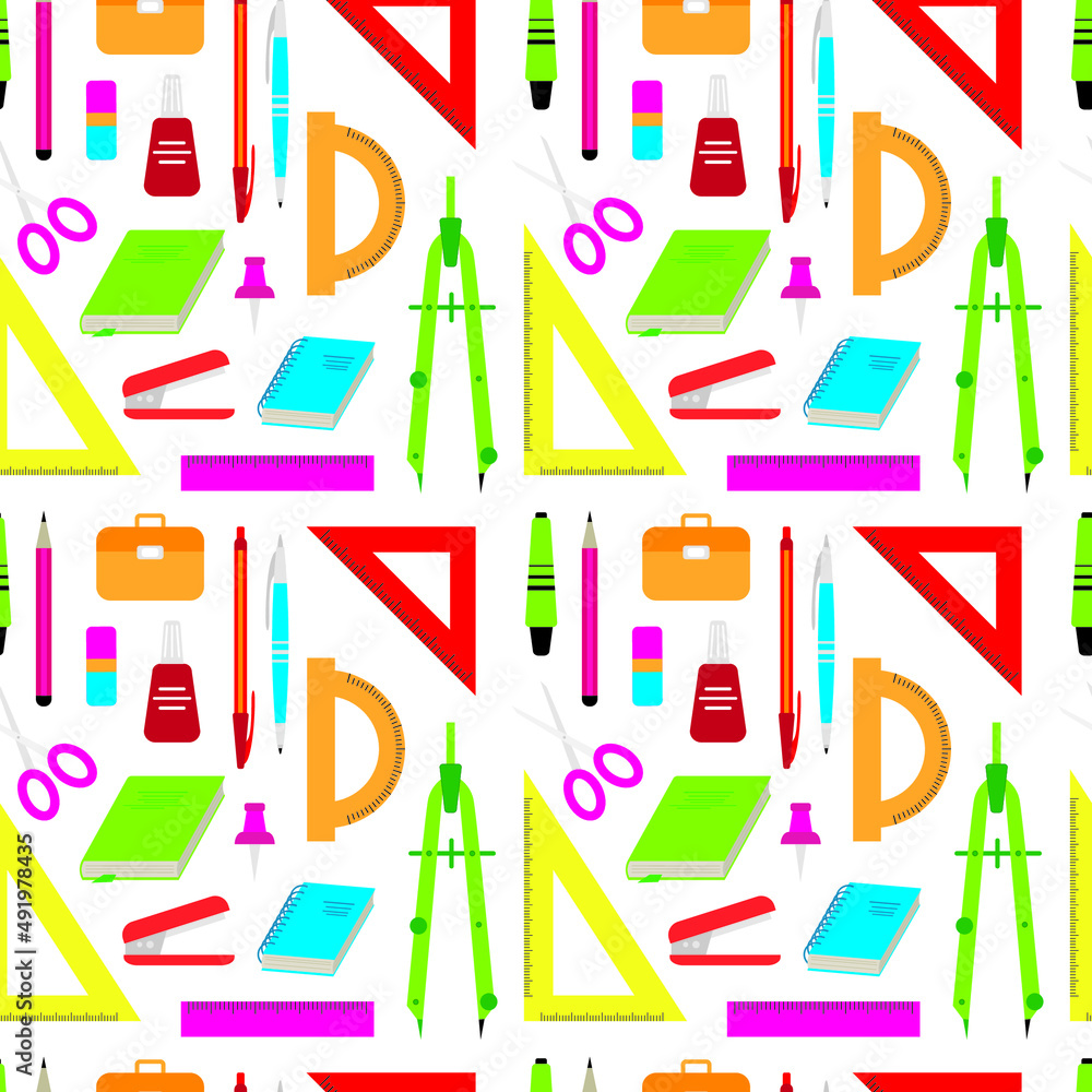 Office and school education objects seamless pattern. Vector cartoon illustration. Ruler, book, pen, pencil, notebook, bag, eraser, drawing compass, scissors. Back to school theme. Office and school education objects seamless pattern. Vector cartoon illustration. Ruler, book, pen, pencil, notebook, bag, eraser, drawing compass, scissors. Back to school theme.