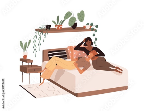 Lesbian love couple lying on bed at home. Women, romantic homosexual partners relaxing in bedroom together. Biracial girlfriends talking. Flat graphic vector illustration isolated on white background