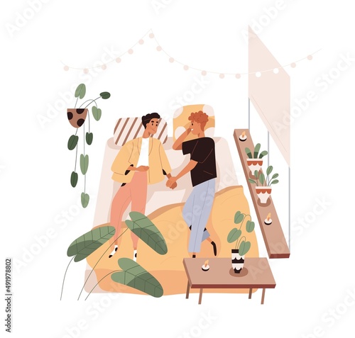 Love gay couple lying on bed at home. Romantic homosexual men relaxing in bedroom. Happy boyfriends lovers. LGBT partners in cosy apartment. Flat vector illustration isolated on white background