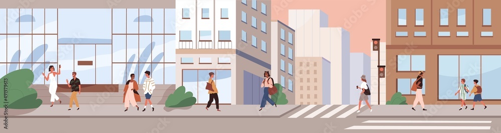 City street panorama. Cityscape with people, buildings, cross road. Modern  urban lifestyle scene with pedestrians going at sidewalks in metropolis.  Downtown on summer day. Flat vector illustration Stock Vector | Adobe Stock