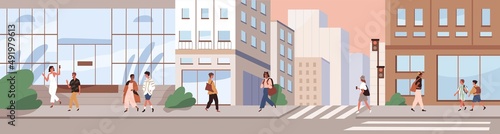 City street panorama. Cityscape with people, buildings, cross road. Modern urban lifestyle scene with pedestrians going at sidewalks in metropolis. Downtown on summer day. Flat vector illustration
