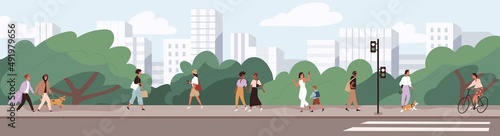 People going along city street. Urban panorama with pedestrians, cyclists, buildings, trees and road. Horizontal cityscape. Scene with citizens walking at sidewalks in town. Flat vector illustration