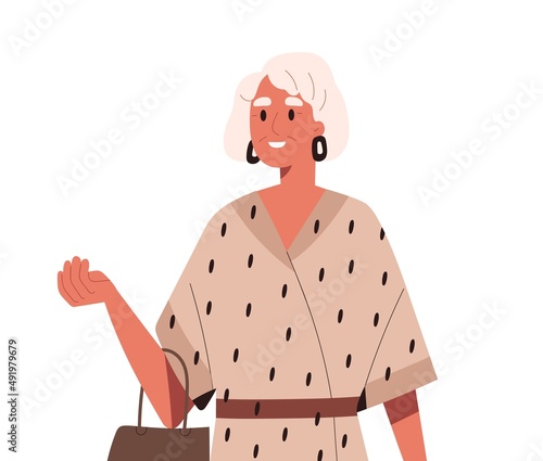 Happy old woman in modern fashion clothes. Stylish wealthy lady of senior age. Elderly person wearing earrings, dress, accessories outdoors. Flat vector illustration isolated on white background
