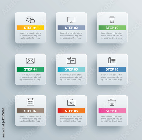 9 data infographics tab paper index template. Vector illustration abstract background.