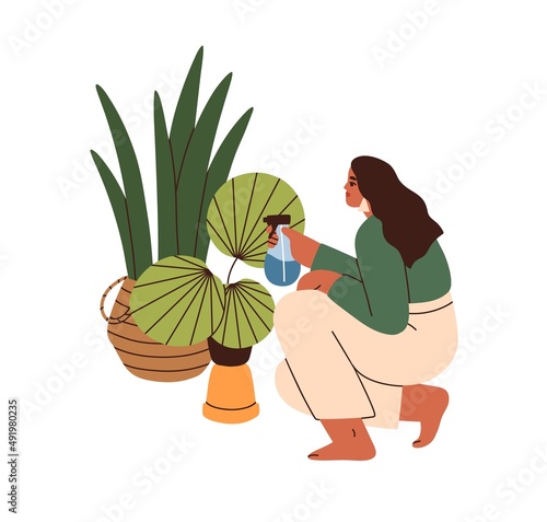 Woman spraying water near potted home plants. Person caring about houseplants, humidifying air, green leaves growing in planters, baskets. Flat vector illustration isolated on white background