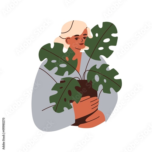 Young woman holding potted house plant. Female with monstera, green-leaf houseplant growing in flowerpot. Person with home foliage decor. Flat graphic vector illustration isolated on white background