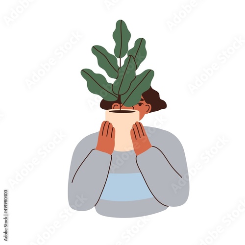 Woman holding green-leaf house plant in pot. Female hiding face behind foliage in flowerpot. Botanist portrait with natural home decor. Flat graphic vector illustration isolated on white background
